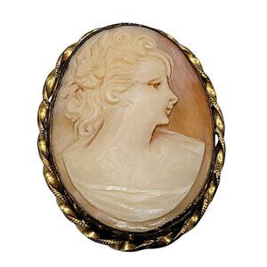 Marbro Carved Cameo 12kgf Brooch Pendant Vintage Curly Hair Pink White Shell